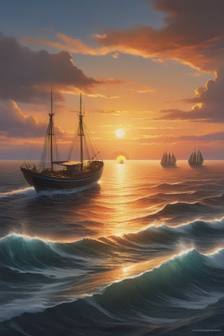 Contrast is achieved through the juxtaposition of warm and cool colours. The warm, fiery tones of the sunset contrast with the cool, serene shades of the ocean. Additionally, the contrast in scale between the immense sun and the tiny boat accentuates the grandeur of nature., Watercolor, trending on artstation, sharp focus, studio photo, intricate details, highly detailed, by greg rutkowski