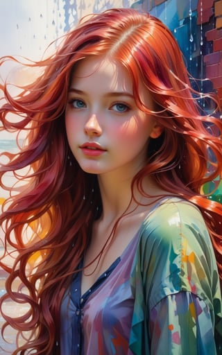 1girl, solo, long hair, Hair style big wavy hairlooking at viewer, red hair, Hair style big wavy hair,closed mouth, The girl's right hand moved her hair behind her right ear.Hair style big wavy hairupper body, mole, lips, colorful abstract paint on the wall behind her. water color, rain by Daniel Gerhartz,DonMM1y4XL