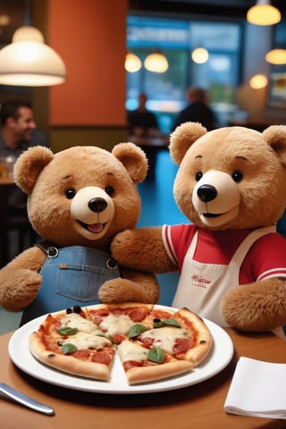 Prompt
Two Teddy bears enjoying a casual meal together at a restaurant, sharing laughter and pizza. One bear is holding a slice of pizza, while the other has him hand on the table. They are both smiling, suggesting a friendly and relaxed atmosphere. The background features other patrons and a menu board, indicating they are in a public dining setting.