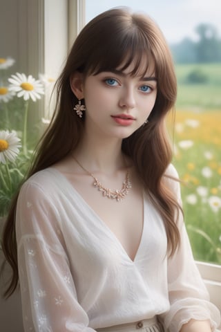 Beautiful soft light, (beautiful and delicate eyes), very detailed, pale skin, big smile, (long hair), dreamy, medium chest, female 1, ((front shot)), bangs, soft expression, height 170, elegance, bright Smile, 8k art photo, photorealistic concept art, realistic, person, small necklace, small earrings, fantasy, jewelry, shyness, dreamy soft image, masterpiece, ultra-high resolution, skirt, shirt, jacket, color, (the wind blows softly) ), (looking slightly raised and immersed in happy thoughts), girl sitting on the window sill with her chin supported by both hands, looking at the flower field outside the window, colorful, glitter, color art,BugCraft