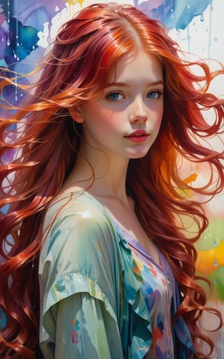 1girl, solo, long hair, Hair style big wavy hairlooking at viewer, red hair, Hair style big wavy hair,closed mouth, The girl's right hand moved her hair behind her right ear.Hair style big wavy hairupper body, mole, lips, colorful abstract paint on the wall behind her. water color, rain by Daniel Gerhartz,DonMM1y4XL