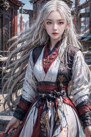 photorealistic, high resolution, soft light,1women, solo, hips up, shining skin, (detailed face), jewelry, white hair, wavy hair, dynamic pose, (chinese talisman on forehead:1.2), JINKUNGFU