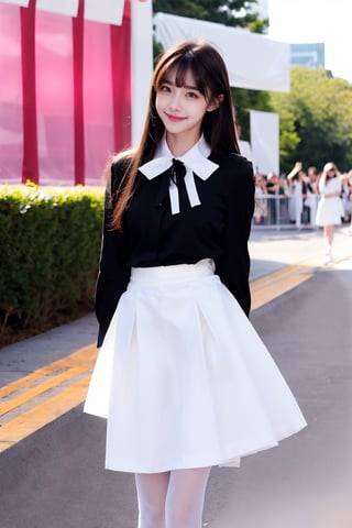 girl, beautiful body, blue eyes, brown hair, white long skirt, white Blouse, long hair, Black tie, Pantyhose, (Shy:1.5), Embarrassed, white_skirt, White_blouse, Hair bangs, look at viewer, Concert , (smile) 