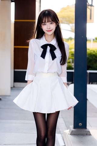 girl, beautiful body, (blue eyes), brown hair, white long skirt, white Blouse, long hair, Black tie, Pantyhose, (Shy:1.5), Embarrassed, white_skirt, White_blouse, Hair bangs, look at viewer, Concert , (smile) 