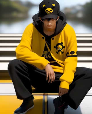 Happy Trafalgar law,女孩,旗袍,Dream, cute man , in the style of yuumei, realistic hyper - detailed rendering, yumihiko amano, zhang jingna, wiccan, trace monotone, rtx on ,細緻的背景, indian boy, various poses , Trafalgar Law's dress style in One Piece Film Red is a modern take on his classic look. He wears a yellow hoodie with black sleeves and a black hood, but the hoodie is now oversized and has a more relaxed fit. He also wears black pants and black boots with his iconic white black cap,