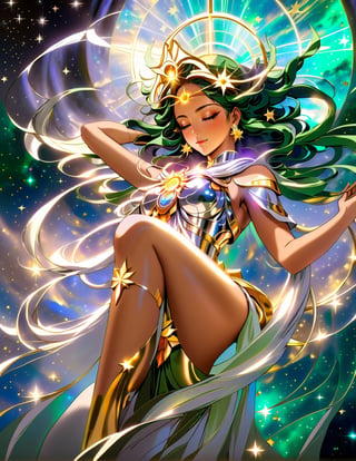 a woman with a dark green flame hair on her head and stars in the background, as the goddess of the universe, golden halo behind her head, golden aura, npc with a saint\'s halo, detailed digital anime art, beautiful gold saint, npc with a saint's halo, stunning anime face portrait, beautiful fantasy art portrait, beautiful anime art style, popular on art station