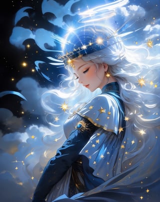 a woman with a crown on her head and stars in the background, as the goddess of the sun, golden halo behind her head, golden aura, npc with a saint\'s halo, detailed digital anime art, beautiful gold saint, npc with a saint's halo, stunning anime face portrait, beautiful fantasy art portrait, beautiful anime art style, popular on art station