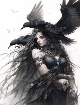 a drawing of a woman with a raven on her shoulder, black crows, style of luis royo, norse goddess, portrait of a dark goddess, artistic drawing of a crow, gothic fantasy art, portrait of raven, dramatic fantasy art, crows beautiful, raven bird, gothic art, beautiful witch spooky female, with a crow on her shoulder, gothic wraith maiden, ravens