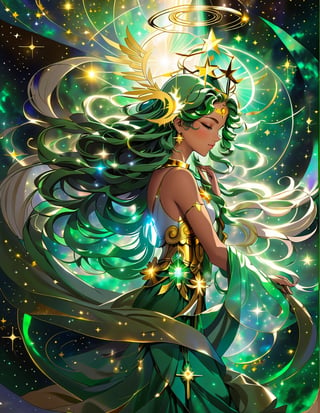 a woman with a dark green flame hair on her head and stars in the background, as the goddess of the universe, golden halo behind her head, golden aura, npc with a saint\'s halo, detailed digital anime art, beautiful gold saint, npc with a saint's halo, stunning anime face portrait, beautiful fantasy art portrait, beautiful anime art style, popular on art station