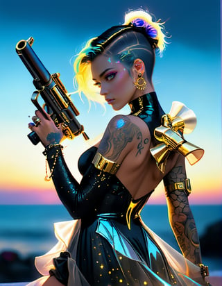 Variation poses of ultra detailed close up illustration of a woman at the seashore after sunset with big gun, tattooed, she wears a flowy holographic dress made of silk and tulle and very glowy,  bioluminiscent,  fantasy art,  dreamlike,  backlit,  dynamic power pose,  ,more detail XL, gold neon blue yellow crystal cyberpunk style,Power pose , cyberpunk 