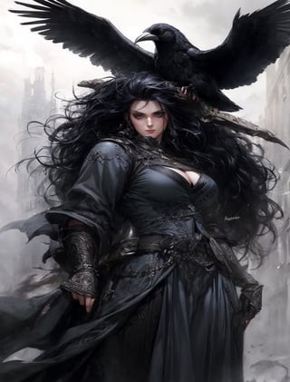 a woman with long black hair and a raven on her shoulder, style of luis royo, greg rutkowski and luis royo, in style of luis royo, luis royo and greg rutkowski, hyperrealistic luis royo, a beautiful woman warrior, beautiful female warrior, style of lois royo, dramatic fantasy art, medieval fantasy art, epic fantasy character art, beautiful female assassin