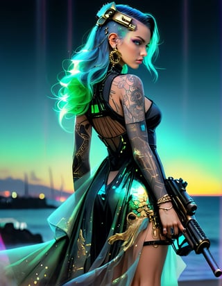 Variation poses of ultra detailed close up illustration of a woman at the seashore after sunset with big gun, tattooed, she wears a flowy holographic dress made of silk and tulle and very glowy,  bioluminiscent,  fantasy art,  dreamlike,  backlit,  dynamic power pose,  ,more detail XL, gold neon blue green crystal cyberpunk style,Power pose , cyberpunk 