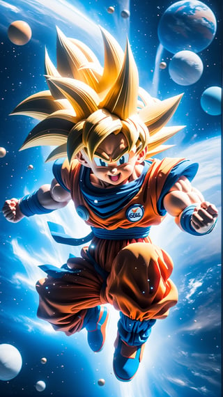 create a cute 12 year Goku astronaut dancing with dress made of space, splashed, drips, subsurface scattering, translucent, 100mm,Movie , floting in space,Still,detailmaster2,Film Still,make_3d,aesthetic portrait, from dragon Ball z anime, Goku , son Goku astronaut,