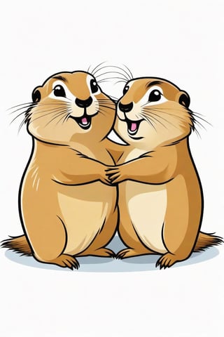 Place a single friendly cartoon two prairie dogs hugging 
 on a pure white  background


