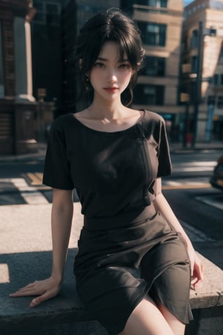 {{masterpiece}}, Yor Forger (Spy x Family anime), detailed face, 1 girl, sitting, on a roadside seat, long black hair, red eyeballs, medium and beautiful breasts, firm breasts, slim body, red dress, red T-shirt, long black skirt, thin cheeks, smiling, perfect anatomy, perfect body, hairstyle like Yor Forger, roadside background, half body camera shot, 3D, CGI, highly detailed, isometric, excellent lighting, top quality, realistic, cinematic, smooth, photorealistic, hyper realistic, 8k high resolution, intricate artwork, epic, highly detailed.