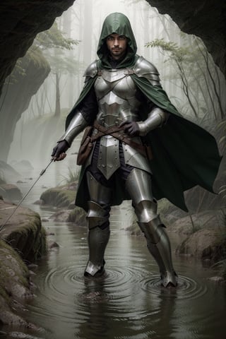 (Dynamic_pose:1.2), (green colors), (Full_body_shot), (facial_hair), (colorful_cloak), (Male:1.3), (knight), (hooded_cloak), (short_hair), (dark_hair), (fantasy_armor), (flooding_cavern), (cloak), high detail, best quality, sharp eyes, detailed eyes, 4k, semi realistic, high resolution, high quality, 