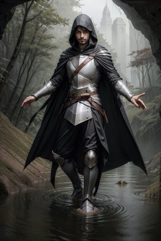 (Dynamic_pose:1.2), (bright colors), (Full_body_shot), (facial_hair), (colorful_cloak), (Male:1.3), (knight), (hooded_cloak), (short_hair), (dark_hair), (fantasy_armor), (flooding_cavern), (cloak), high detail, best quality, sharp eyes, detailed eyes, 4k, semi realistic, high resolution, high quality, 