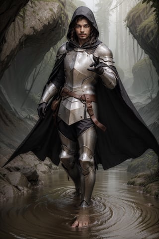 (Dynamic_pose:1.5), (Full_body_shot), (facial_hair), (colorful_cloak), (Male:1.3), (knight), (hooded_cloak), (short_hair), (dark_hair), (fantasy_armor), (flooding_cavern), (cloak), high detail, best quality, sharp eyes, detailed eyes, 4k, semi realistic, high resolution, high quality, 