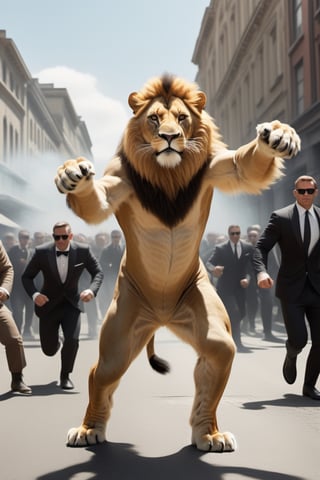 3d Anthro Lion Man wearing James Bond outfit fighting thugs, realistic fur, realistic lion paws and tail movement, James Bond 007 movie style, high action scene, very cinematic, grafitti on a very busy urban street, bright day, ,Movie Still,greg rutkowski,Film Still