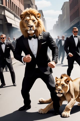 3d Anthro Lion Man wearing "James Bond tuxedo" fighting thugs, realistic fur, realistic lion paws and tail movement, James Bond 007 movie style, high action scene, very cinematic, grafitti on a very busy urban street, bright day, ,Movie Still,greg rutkowski,Film Still,Cinematic,Monster