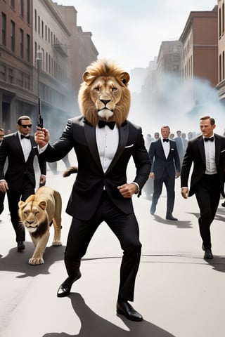 3d Anthro Lion Man wearing "James Bond tuxedo" fighting thugs, realistic fur, realistic lion paws and tail movement, James Bond 007 movie style, high action scene, very cinematic, grafitti on a very busy urban street, bright day, ,Movie Still,greg rutkowski,Film Still