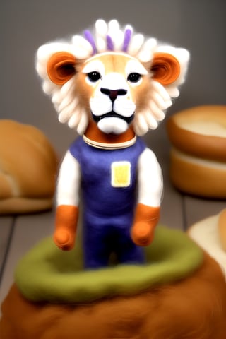 (best quality, high quality):1.3, miniwool scene of a antho-lion man wearing coverall buy bread at the bakery, symmetric lion head face, realistic fur and mane with dynamic movement, dynamic view, colorful, very clear, very smooth, indoors, absurdres, intricate, real life, perfect lionman anatomy, accurate paws and tail, cinestill,Epicrealism