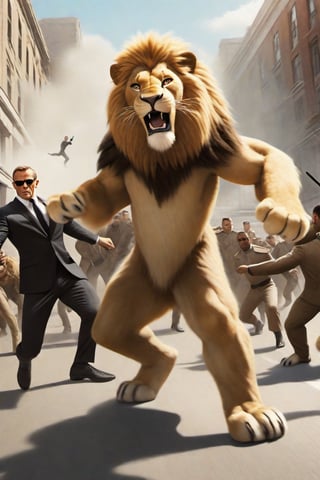 3d Anthro Lion Man wearing James Bond outfit fighting thugs, realistic fur, realistic lion paws and tail movement, James Bond 007 movie style, high action scene, very cinematic, grafitti on a very busy urban street, bright day, ,Movie Still,greg rutkowski,Film Still