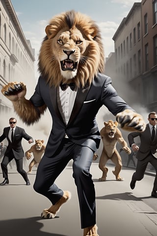 3d Anthro Lion Man wearing James Bond outfit fighting thugs, realistic fur, realistic lion paws and tail movement, James Bond 007 movie style, high action scene, very cinematic, grafitti on a very busy urban street, bright day, ,Movie Still,greg rutkowski,Film Still