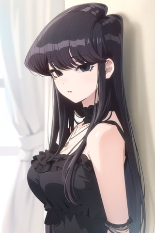 Shoko Komi, (Black hair, long loose hair, black hair, bangs:1.2), (Black eyes, shiny black eyes:1.3), extremely detailed face, perfect lighting, extremely detailed CG, (perfect hands, perfect anatomy), busty, black necklace, black dress


