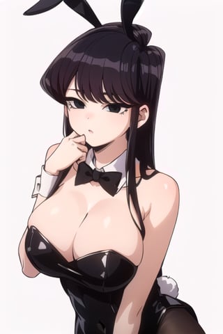 Shoko Komi, (Black hair, long loose hair, black hair, bangs:1.2), (Black eyes, shiny black eyes:1.3), extremely detailed face, perfect lighting, extremely detailed CG, (perfect hands, perfect anatomy), busty, play boy bunny clothes



