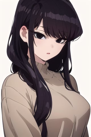 Shoko Komi, (Black hair, long loose hair, black hair, bangs:1.2), (Black eyes, shiny black eyes:1.3), extremely detailed face, perfect lighting, extremely detailed CG, (perfect hands, perfect anatomy), busty, wool sweatshirt, turtleneck



