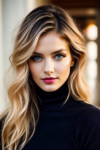 create a beautiful woman, long blonde hair, blue eyes, soft red lips, hourglass body, medium natural breast, she is looking at camera with sultry smile, exciting, beauty, age 30, model,photo of perfecteyes eyes,leonardo, wearing black turtleneck sweater, long hair, perfect body, beautful face, perfect hair 