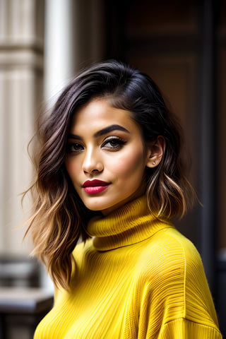 create a beautiful black woman, short blonde hair, lavender eyes, soft red lips, hourglass body, big natural breast, she is looking at camera with sultry smile, exciting, black beauty, age 25, model,photo of perfecteyes eyes,leonardo, wearing yellow turtleneck sweater, long hair, perfect body, beautful face, perfect hair 