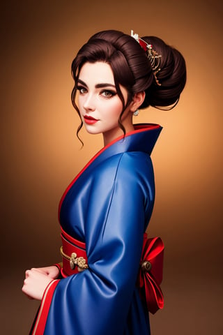 beautiful woman, curvy/tomboyish form body, Twist updo hairstyle, Brown eyes colors, Seductive Geisha outfit, fit, gentle, Studio shoot background, facing viewer, detailed, natural volumetric lighting, studioligthing,