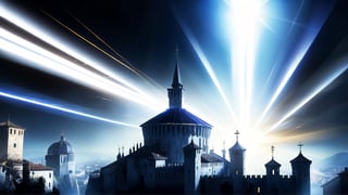 4k, masterpiece, Italian castle city, (trendwhore style:1.4), abstract art, abstract light rays, abstract  ((bursting light rays),   blue theme. sharp details. BREAK highest quality, detailed and intricate, original artwork, trendy, vector art, award-winning, artint, SFW, ,night city,DonMW15pXL,itacstl