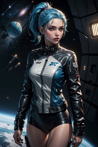 (masterpiece, highest quality, illustration), sci-fi, futuristic, upper body, solo, woman, blue hair, ponytail, grey eyes, small breasts, futuristic leather jacket, techwear, facing the viewer, standing, space, cinematic lighting