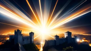 4k, masterpiece, Italian castle city, (trendwhore style:1.4), abstract art, abstract light rays, abstract  ((bursting light rays),   orange theme. sharp details. BREAK highest quality, detailed and intricate, original artwork, trendy, vector art, award-winning, artint, SFW, ,night city,DonMW15pXL,itacstl