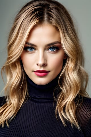 create a beautiful woman, long blonde hair, blue eyes, soft red lips, hourglass body, medium natural breast, she is looking at camera with sultry smile, exciting, beauty, age 30, model,photo of perfecteyes eyes,leonardo, wearing black turtleneck sweater, long hair, perfect body, beautful face, perfect hair 