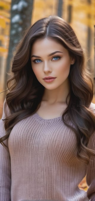 Create a photo realistic woman standing in autumn forest. chocolate long wavy hairstyle, dark blue eyes, light pink lips,big breasts, dark make up, dimples , (((wearing tight cozy sweater))) , and tight pants, warm gaze. ((tight blue sweater))