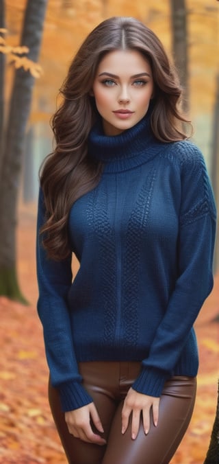 Create a photo realistic woman standing in autumn forest. chocolate long wavy hairstyle, dark blue eyes, light pink lips,big breasts, dark make up, dimples , (((wearing tight cozy sweater))) , and tight pants, warm gaze. ((tight blue sweater))