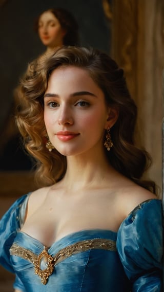 beautiful woman, long blue wavy dress with nature and soft ornaments, fairly showing its beautiful skin. blushed cheeks, big breast, natural face, fantasy, mature, pretty woman, smiling, happy, closed mouth, art by wlop, facing in front (portrait close-up), renaissance painting, 

8k, cinematic lighting, very dramatic, very artistic, soft aesthetic, innocent, art by john singer sargent, greg rutkowski, oil painting, 