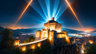 4k, masterpiece, Italian castle city, (trendwhore style:1.4), abstract art, abstract light rays, abstract  ((bursting light rays),   orange theme. sharp details. BREAK highest quality, detailed and intricate, original artwork, trendy, vector art, award-winning, artint, SFW, ,night city,DonMW15pXL,itacstl