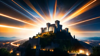 4k, masterpiece, Italian castle city, (trendwhore style:1.4), abstract art, abstract light rays, abstract  ((bursting light rays),   orange theme. sharp details. BREAK highest quality, detailed and intricate, original artwork, trendy, vector art, award-winning, artint, SFW, ,night city,DonMW15pXL,itacstl