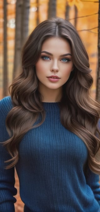 Create a photo realistic woman standing in autumn forest. chocolate long wavy hairstyle, dark blue eyes, light pink lips,big breasts, dark make up, dimples , (((wearing tight cozy sweater))) , and tight pants, warm gaze. ((tight blue sweater))