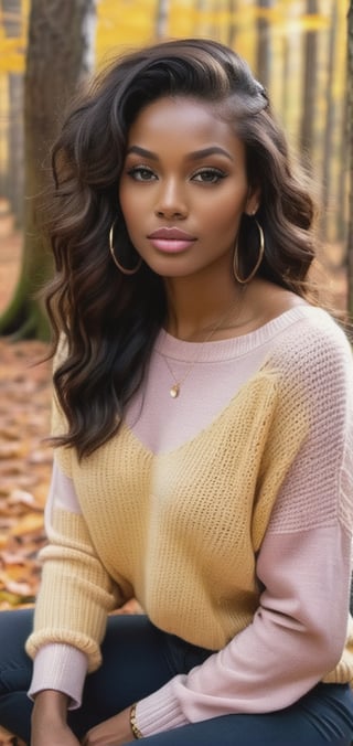 Create a photo realistic ((slender)), black woman sitting on large rock in autumn forest. brunette long wavy hairstyle, dark blue eyes, light pink lips,big breasts, dark make up, dimples , (((wearing tight buttoned sweater))) , and tight brown pants, warm gaze. ((tight yellow sweater))