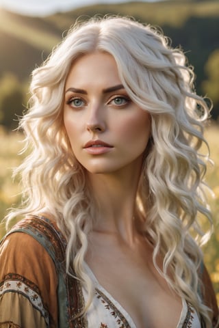 Generate hyper realistic image of a stunning woman with platinum blonde hair cascading down her shoulders, styled in loose curls, donning a bohemian-inspired outfit. The sharp focus captures the hazel tones in her eyes as she poses against a sunlit meadow. highly detailed, sharp focus.8k,photography style,upper body shot