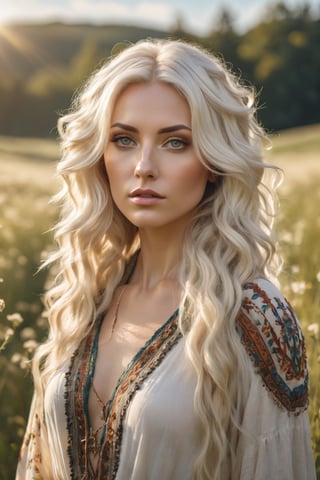 Generate hyper realistic image of a stunning woman with platinum blonde hair cascading down her shoulders, styled in loose curls, donning a bohemian-inspired outfit. The sharp focus captures the hazel tones in her eyes as she poses against a sunlit meadow. highly detailed, sharp focus.8k,photography style,upper body shot