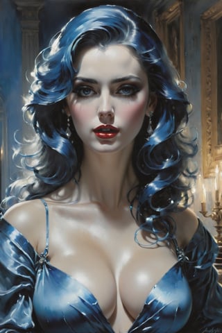 Dramatic light, very beautiful woman, cleavage, blue colors,  ultra detailed mansion living room, full head, perfect hands, Gabriele Dell'otto, Karl Eugen Kiel, Arthur Boyd, Antonio J. Manzanedo, Andre Cohn,dripping paint