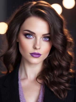 Create a realistic photo of beautiful woman facing the viewer. long brunette wavy hair, lavender eyes, long lashes , light red lips, light make up,. wearing dark lavender blazer, black knit sweater. blurred lights. ((((closed mouth)))), 