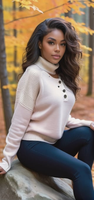 Create a photo realistic black woman sitting on large rock in autumn forest. brunette long wavy hairstyle, dark blue eyes, light pink lips,big breasts, dark make up, dimples , (((wearing tight buttoned sweater))) , and tight pants, warm gaze. ((tight white sweater))